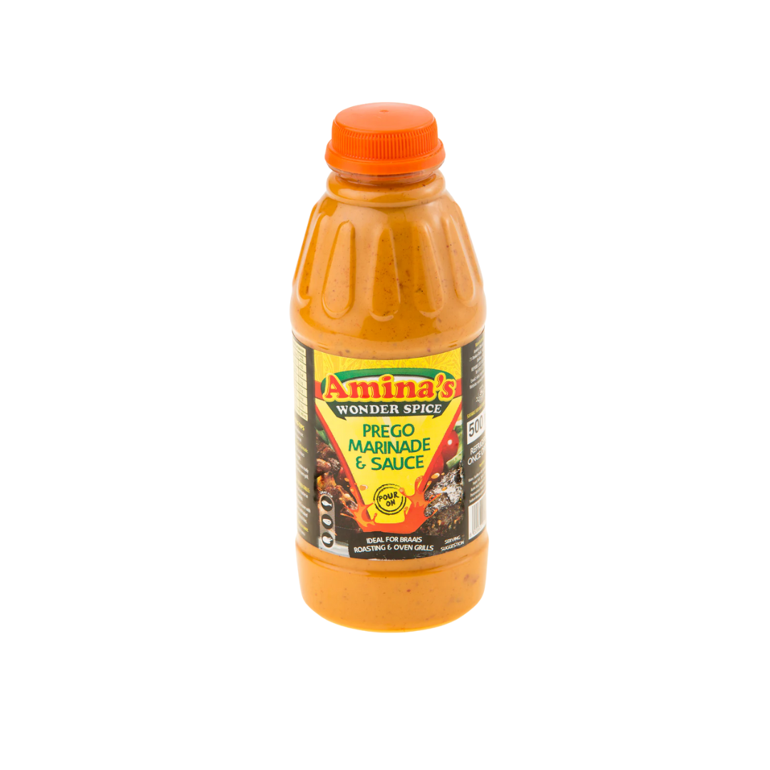 Bottle of Amina's Wonder Spice Piri Piri Marinade & Sauce on a white background