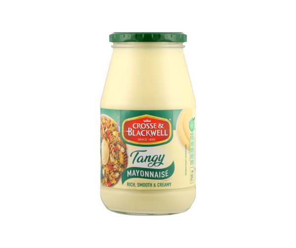 A jar of Crosse & Blackwell Tangy Mayonnaise with a green lid and label featuring an image of a sandwich.