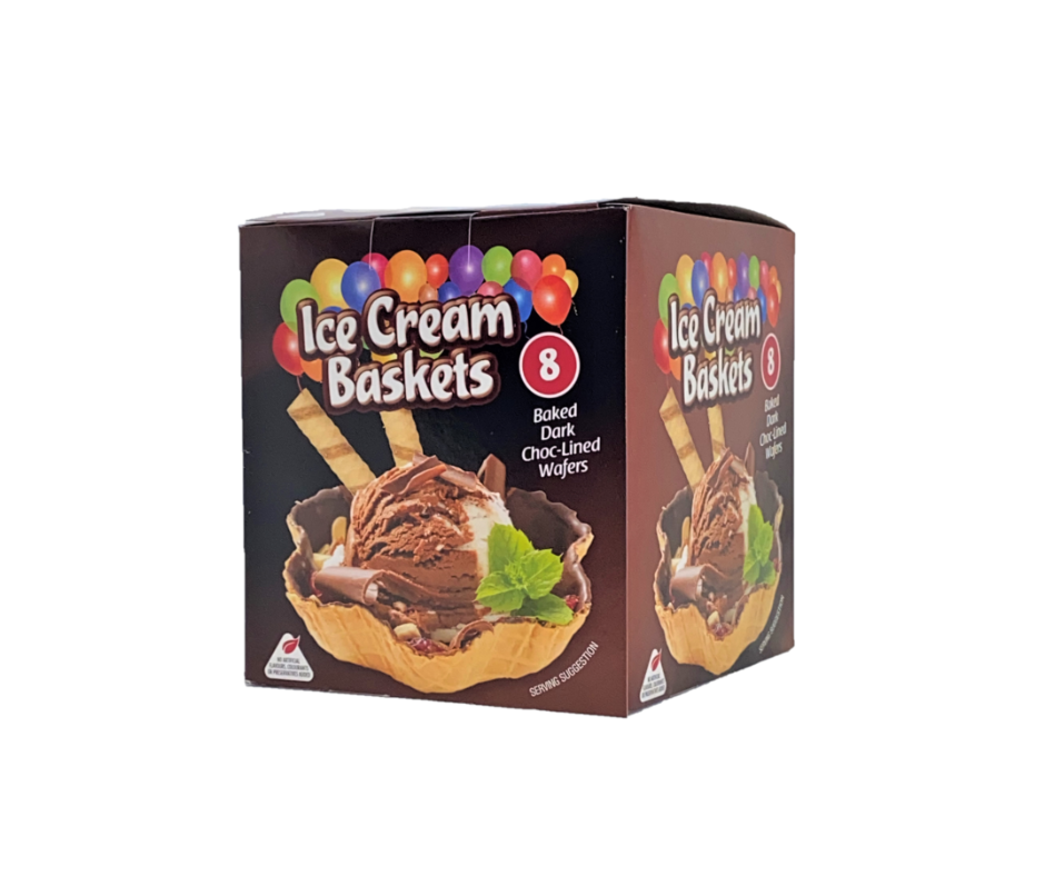 Box of Ice Cream Baskets with chocolate ice cream and wafers on a white background
