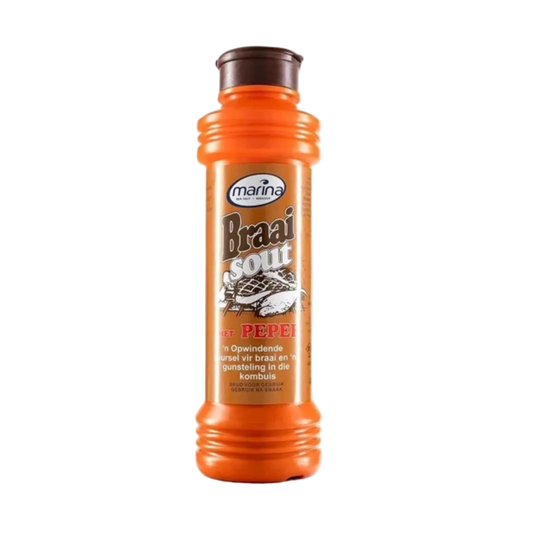 Orange bottle of 'Braai Soul' seasoning with a brown cap on a white background