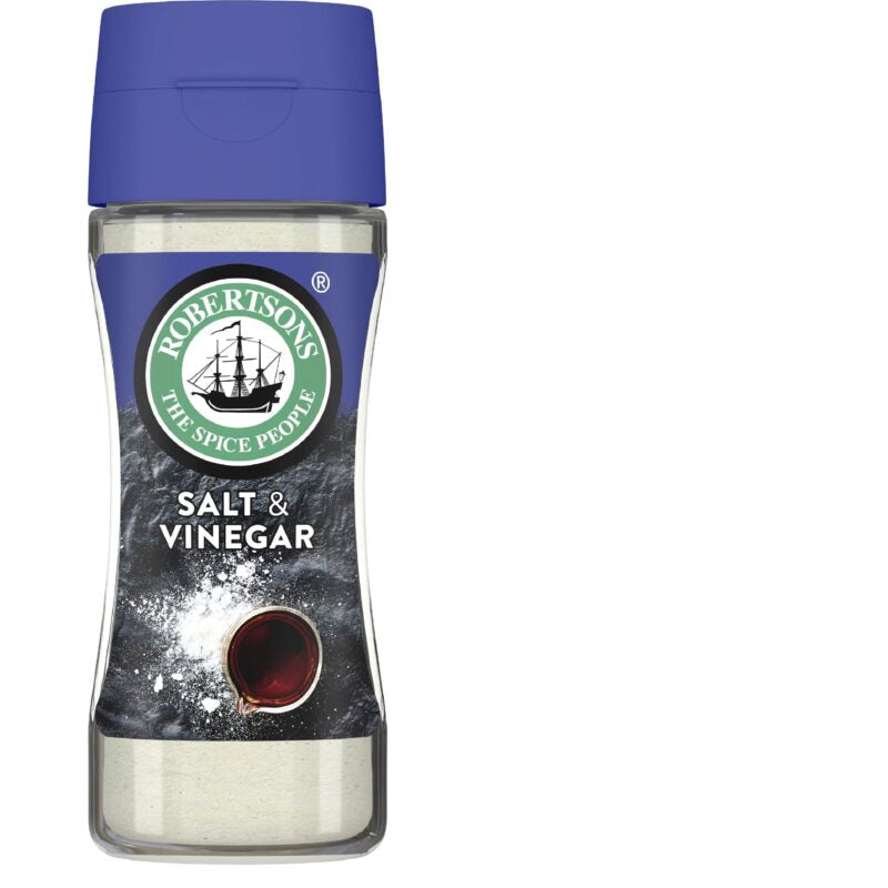 Bottle of Robertsons Salt & Vinegar seasoning with blue cap on white background