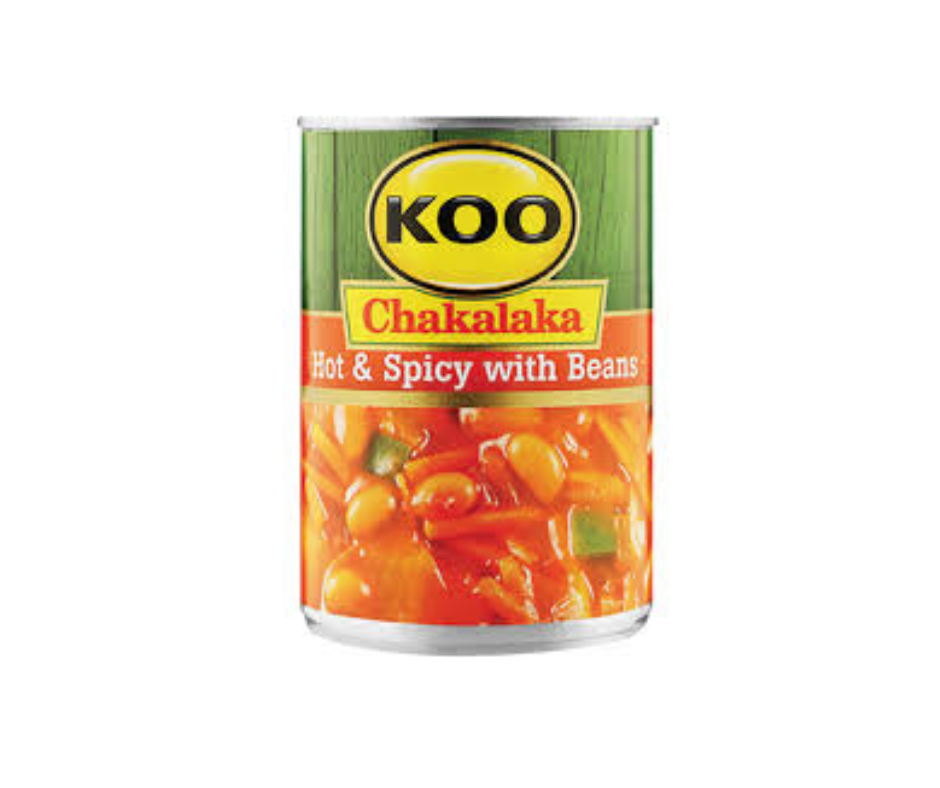 Can of KOO Chakalaka Hot & Spicy with Beans on a white background