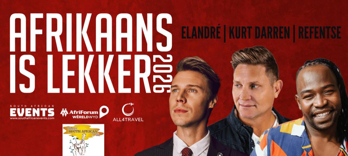 Promotional poster for Afrikaans is Lekker 2023 event with three men and event details.