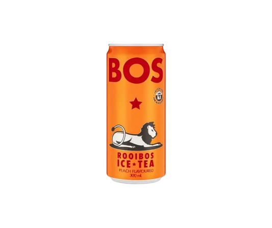 Orange can of BOS Rooibos Ice Tea on a white background
