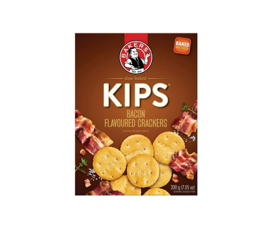 Packaging for Bakers Kips Bacon Flavoured Crackers, displaying the product name, image of the crackers, and pieces of bacon, against a brown background.