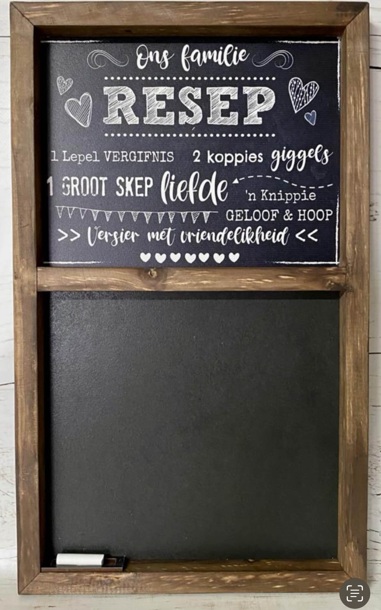 Wooden-framed chalkboard with decorative text and a plain blackboard inside.