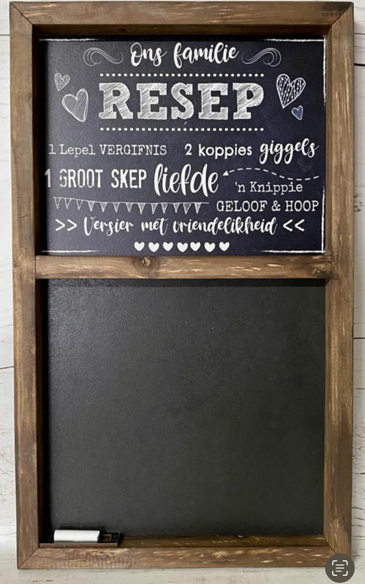 Wooden-framed chalkboard with decorative text and a plain blackboard inside.
