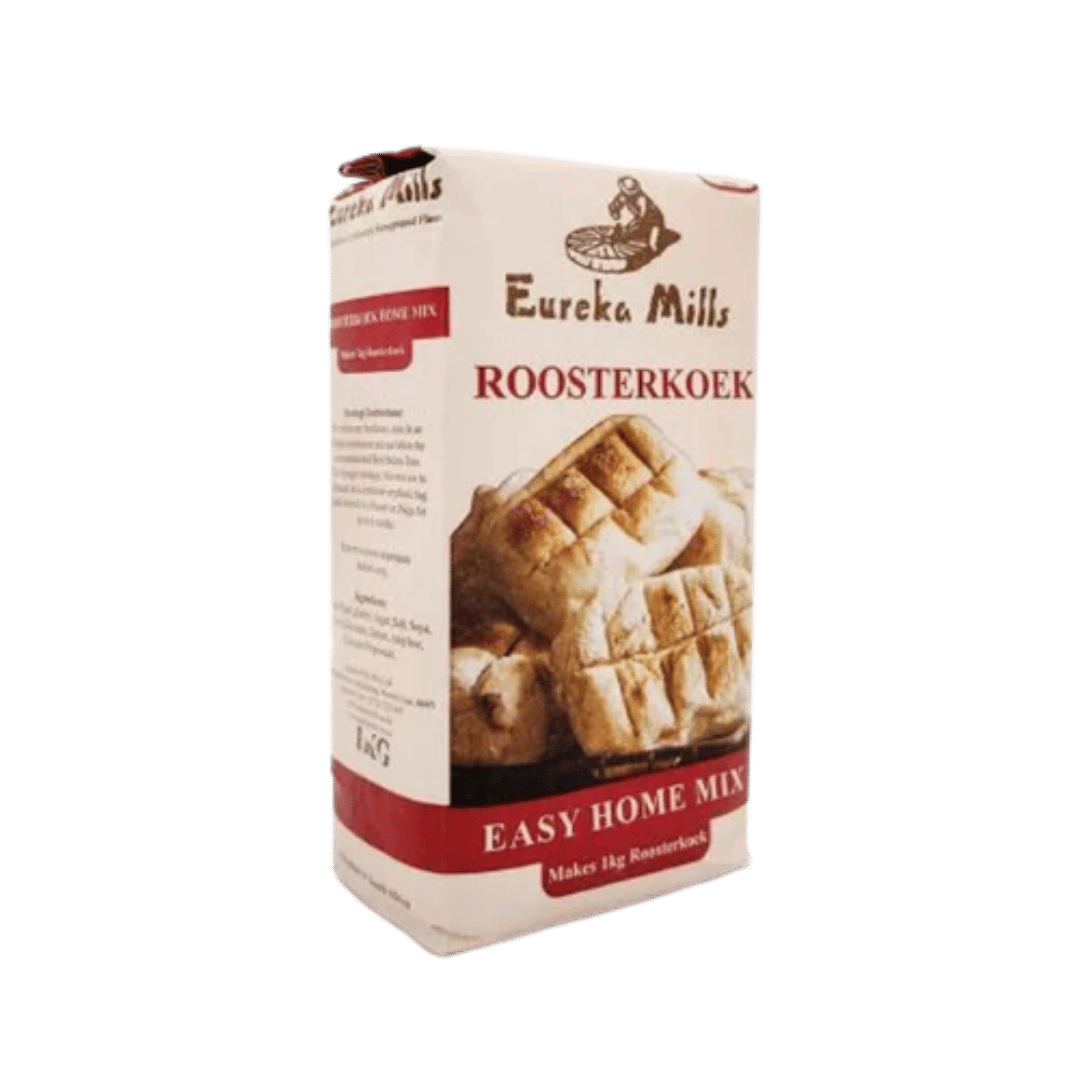 A package of Eureka Mills Roosterkoek Easy Home Mix flour, featuring a cream-colored bag with red text and a photo of golden-brown roostercakes on the front, isolated on a white background.
