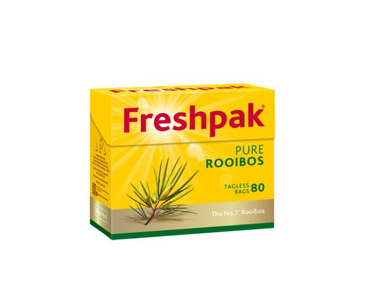 Yellow box of Freshpak Pure Rooibos tea bags on a white background