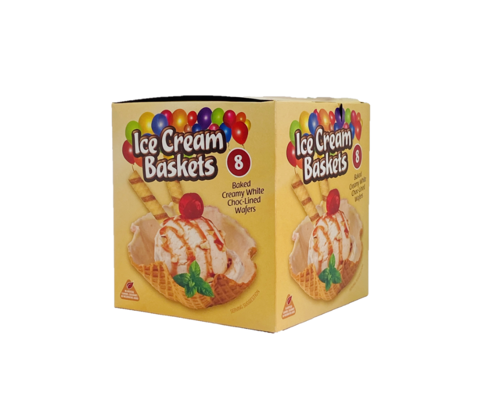 Box of Ice Cream Baskets with colorful balloons on a white background