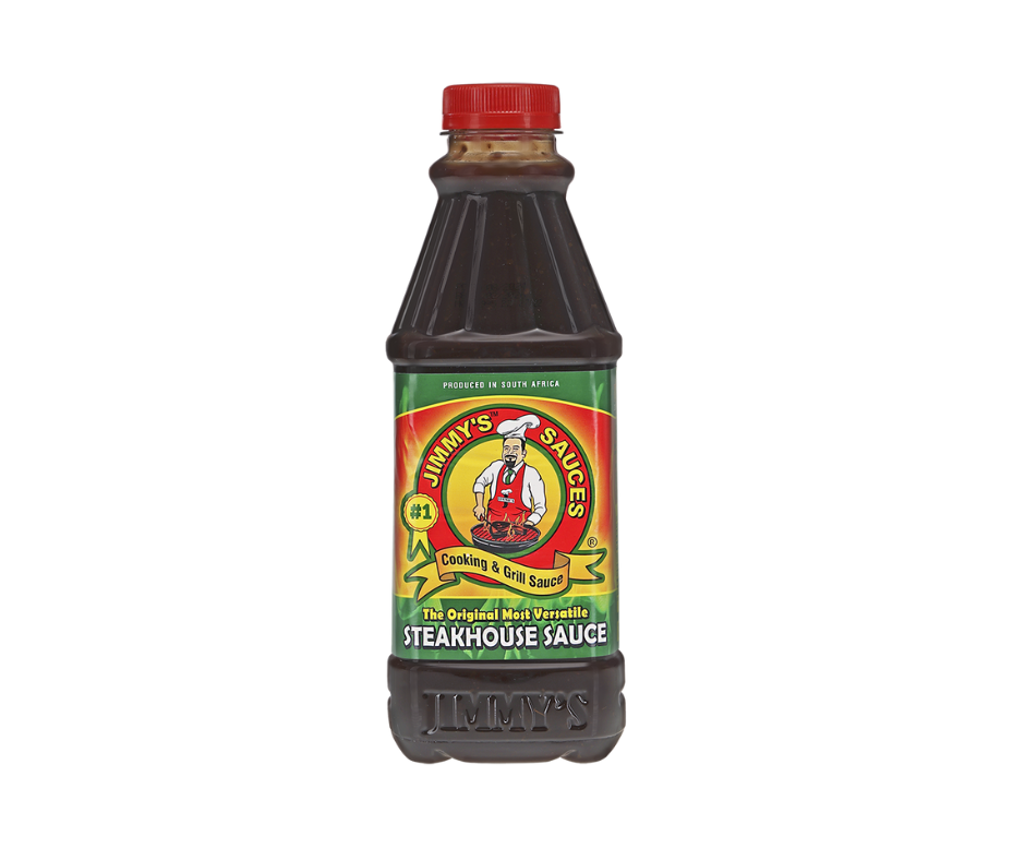 Bottle of steakhouse sauce with a colorful label on a white background