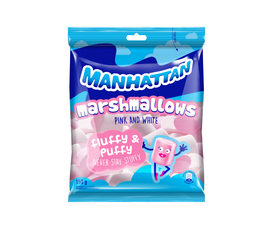 Manhattan marshmallows packaging with pink and white marshmallows on a blue background