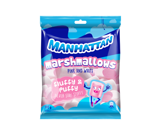 Manhattan marshmallows packaging with pink and white marshmallows on a blue background
