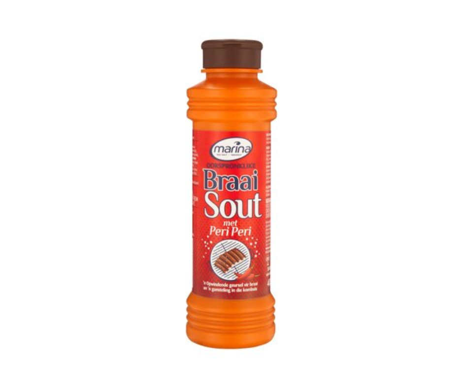 Bottle of Marina Braai Sout with Peri Peri flavor on a white background