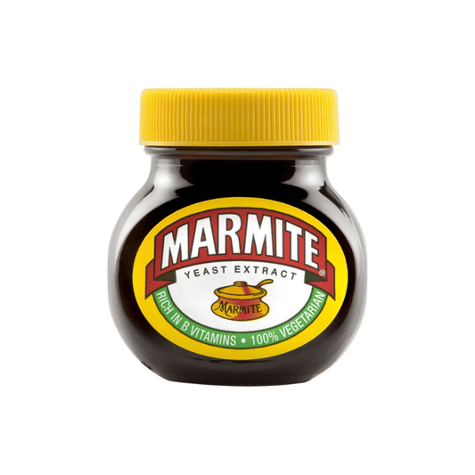 A jar of Marmite Yeast Extract with a bright yellow lid and a classic circular label, isolated on a white background.