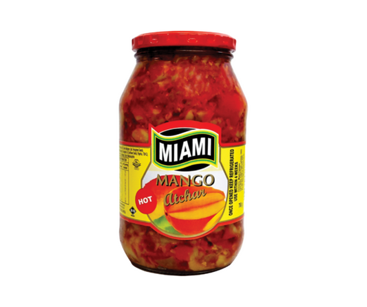 Jar of Miami Mango Hot Sauce on a white background