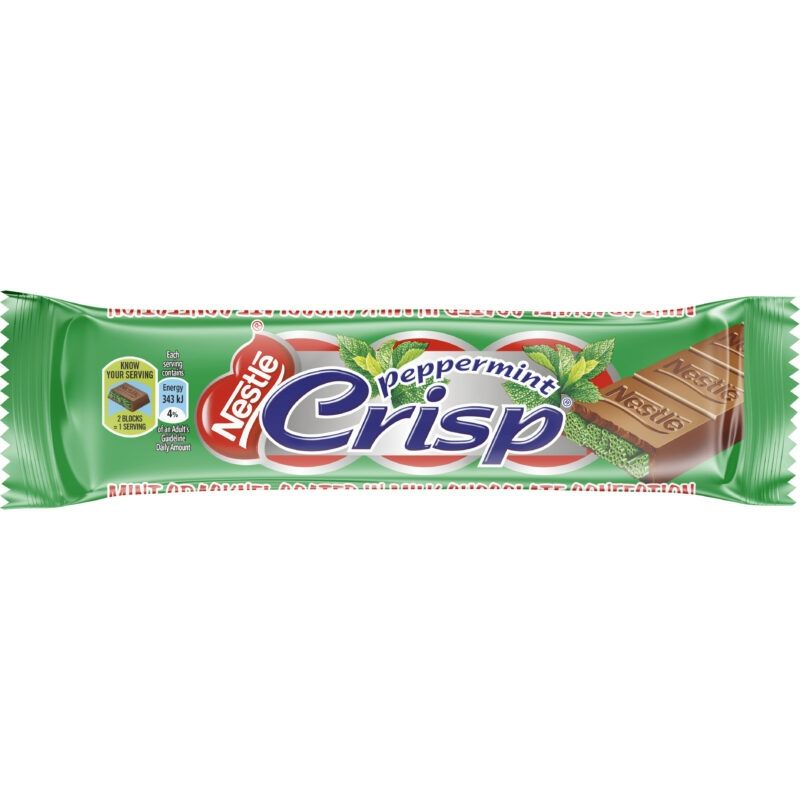 Nestle Peppermint Crisp candy bar packaging on a white background