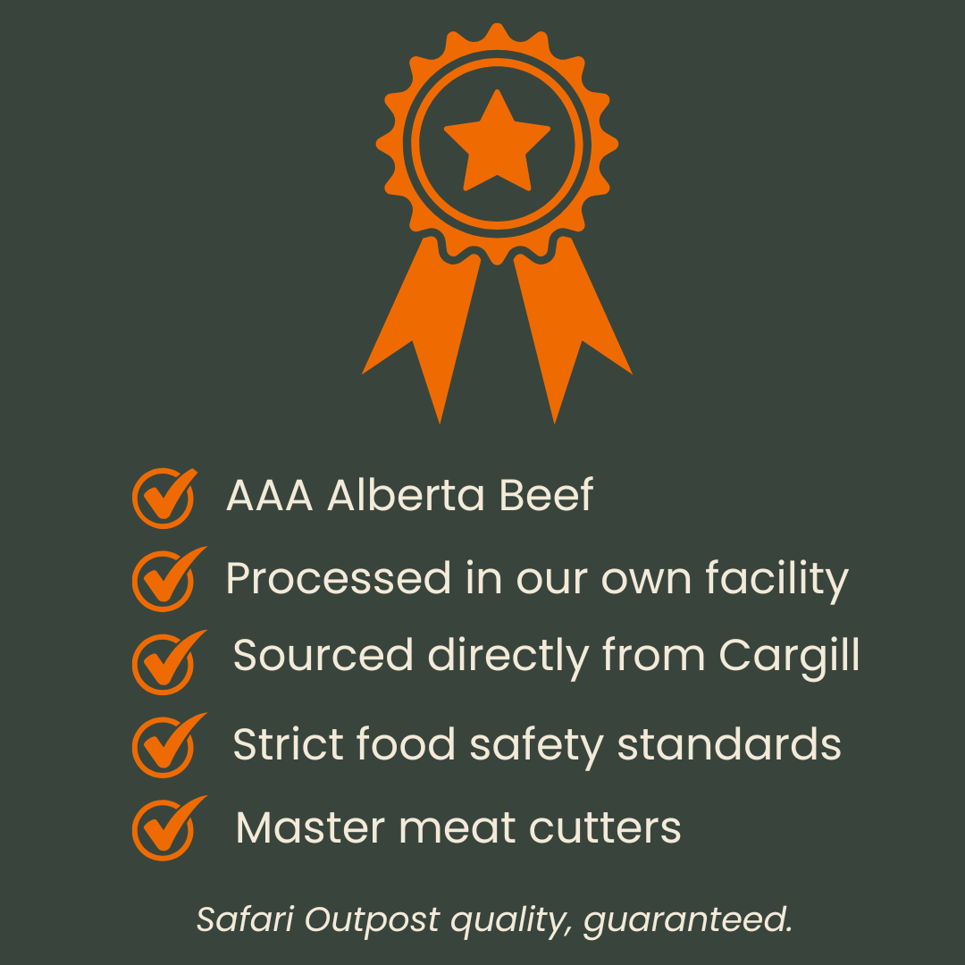 Orange award ribbon with text on a dark background. AAA Alberta Beef.