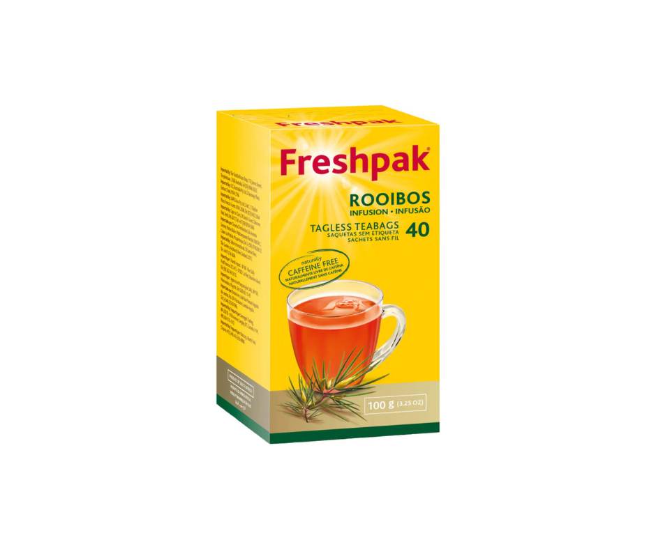 A box of Freshpak Rooibos tea bags, with a picture of a cup of tea and leaves on the front, indicating it is a product of South Africa.