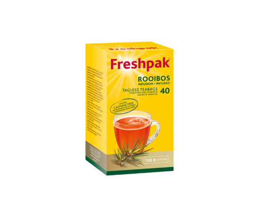 A box of Freshpak Rooibos tea bags, with a picture of a cup of tea and leaves on the front, indicating it is a product of South Africa.