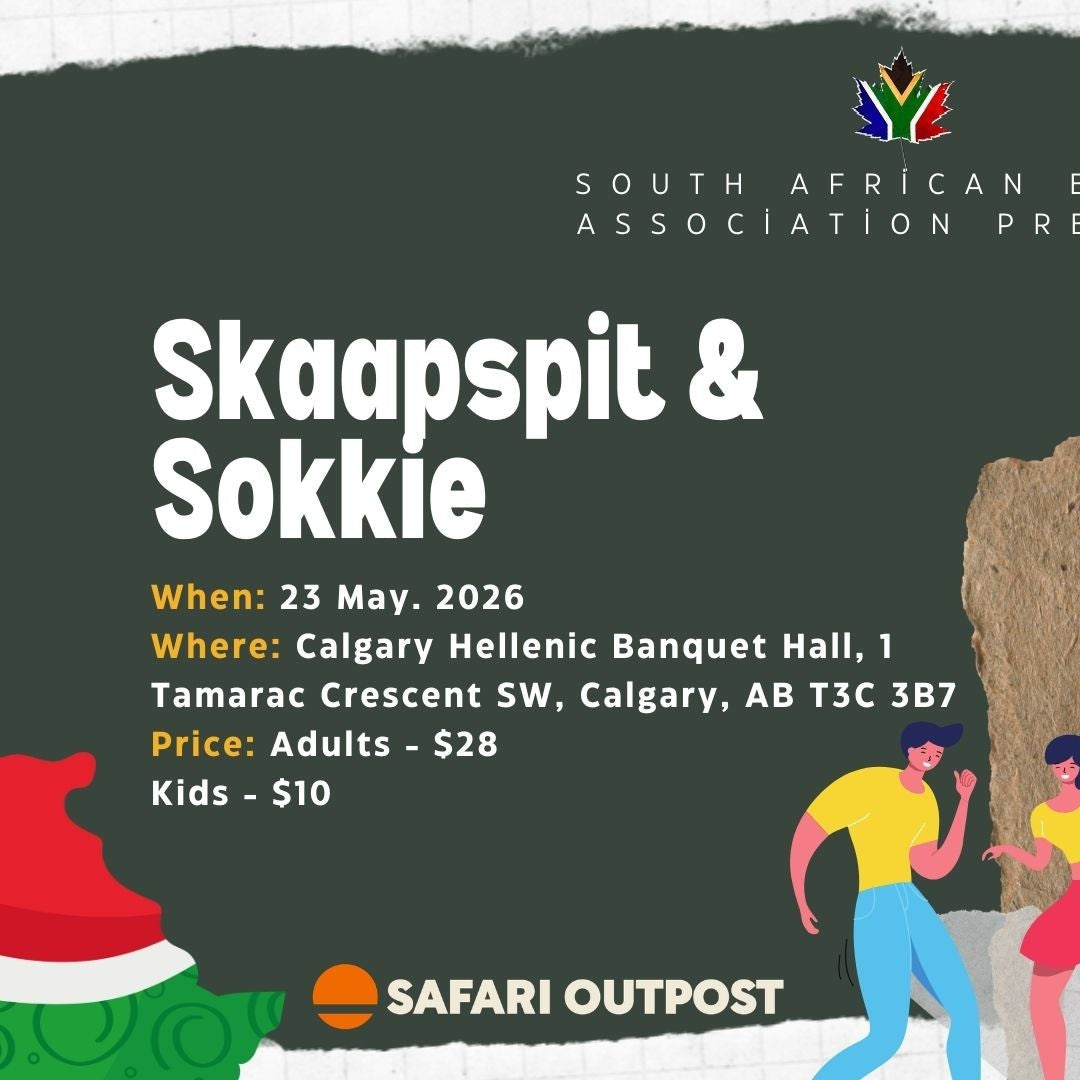 Promotional poster for Skaapspit & Sokkie event with South African flag, date, location, and price.