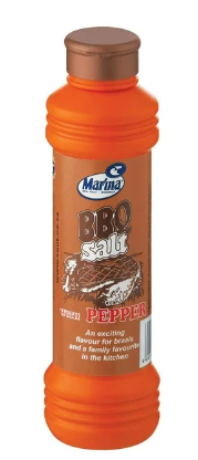 Orange bottle of Marina BBQ Spice with a brown cap on a white background